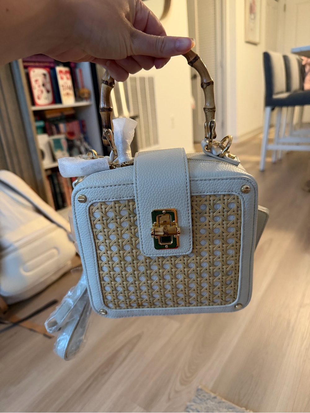 NWT Rachel Zoe Cream Woven Bamboo-Handle Mini Top-Handle Bag - Picture 3 of 5